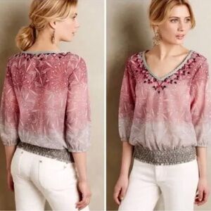 Anthropologie Akemi + Kin Embroidered Arembepe Ombre Mesh V-Neck Top- Small